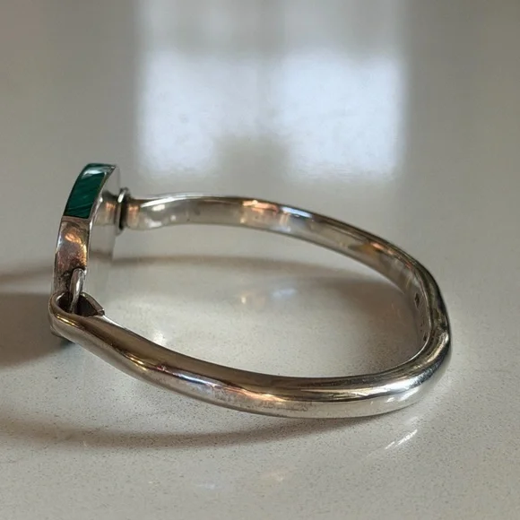 Vintage TAXCO 925 Sterling Silver Malachite Hinged Bangle Bracelet RARE Unique - Picture 5 of 8